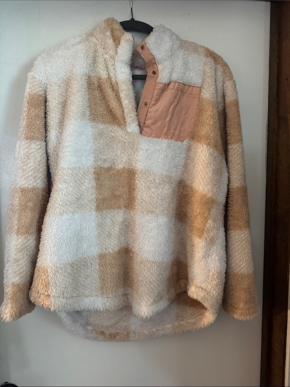 Pink Lily Plush Check Sherpa Pullover in Cream and Tan